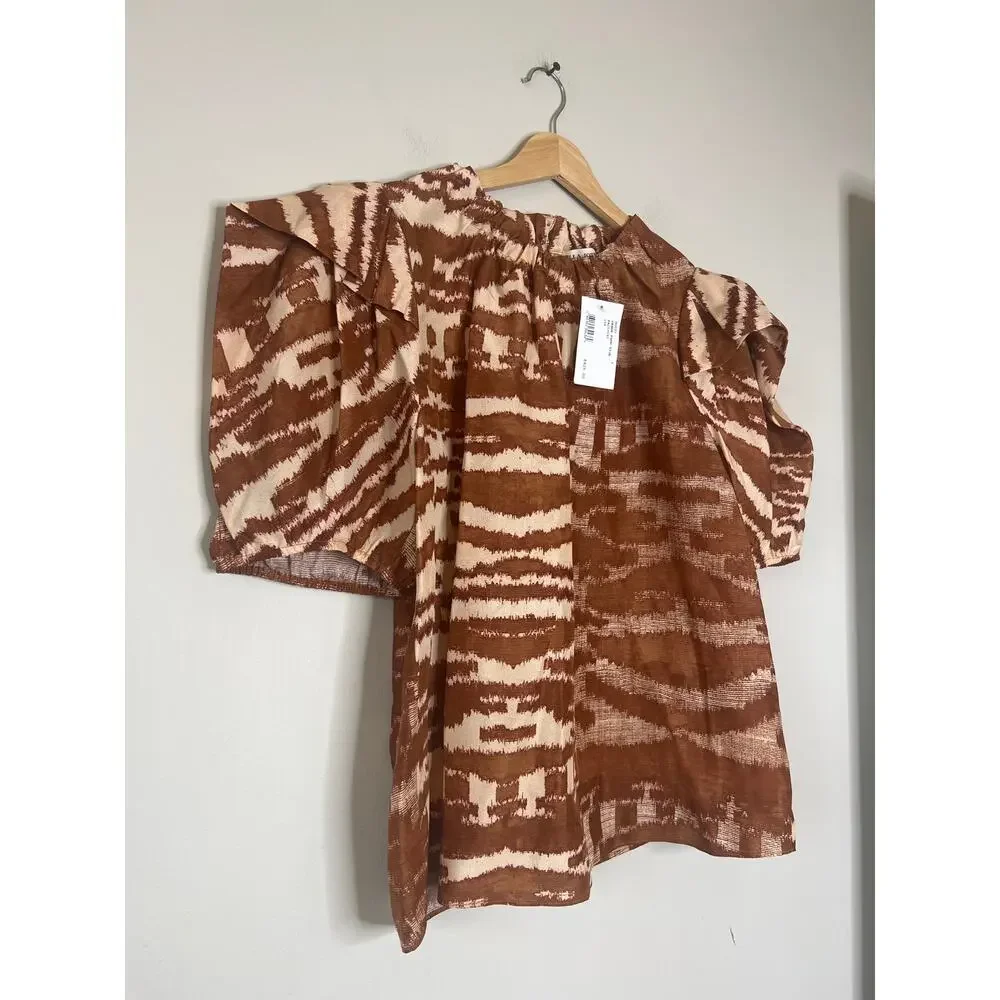 NWT Ulla Johnson Multi Neema Fawn Tige Puffed Short Sleeve Blouse Brown Size: 8